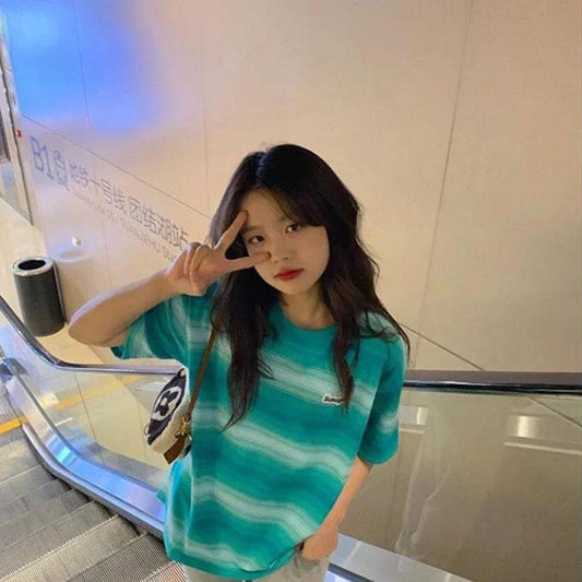Women's Summer Loose Round Neck Striped Short Sleeve T-shirt