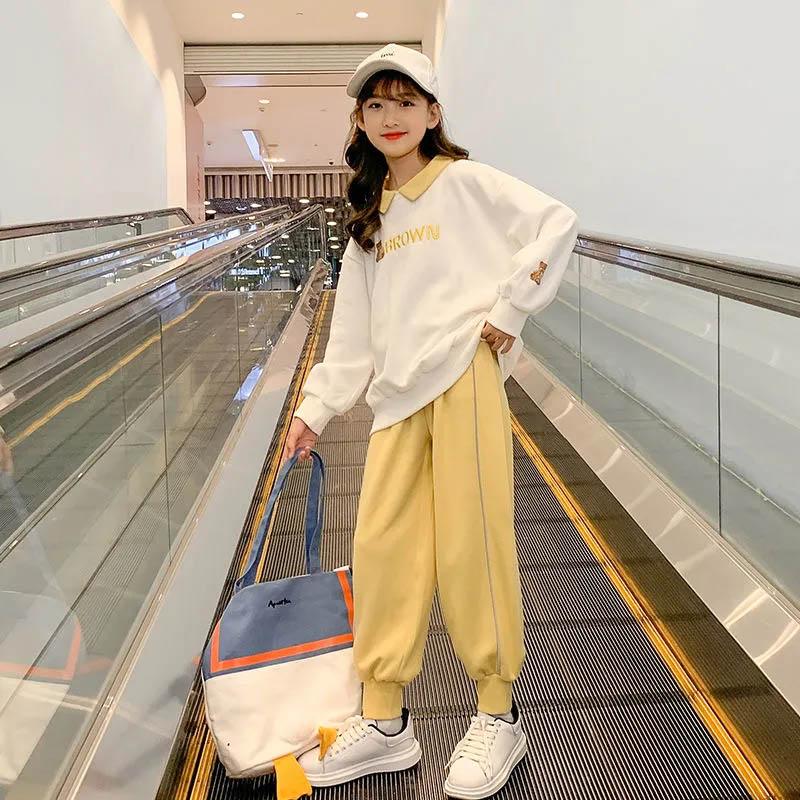 Spring and Autumn Girls Two-piece Set Comfortable Breathable Pullover Printing Fashion Lapel Sweater Casual Pants Suit