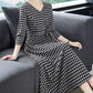 Plaid Printed Skirt Spring Summer Casual All-match Long Skirt V-neck Three-quarter Sleeves Waist Thin A-line Dress