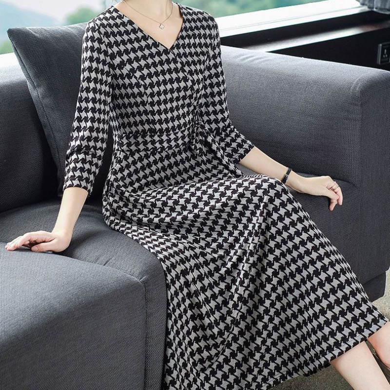 Plaid Printed Skirt Spring Summer Casual All-match Long Skirt V-neck Three-quarter Sleeves Waist Thin A-line Dress