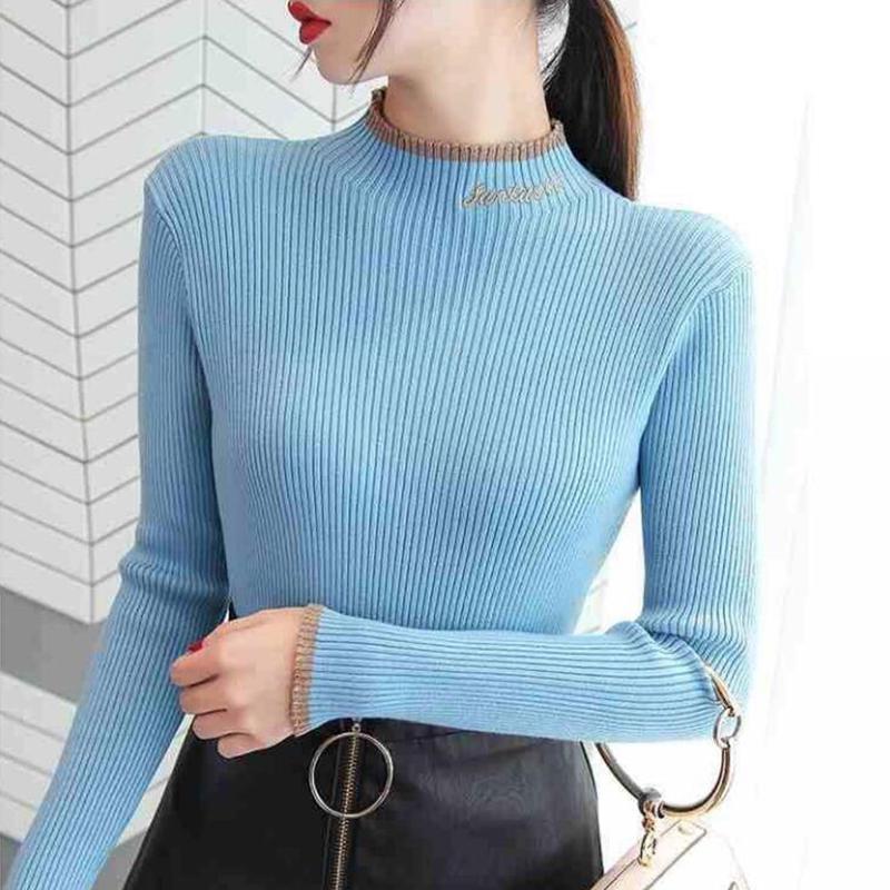 Women Embroidered turtleneck sweater long sleeve Pullover slim tight-fitting jumper top winter
