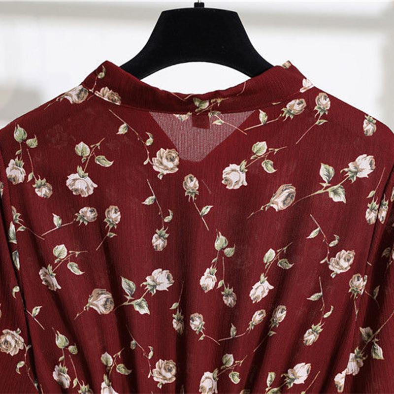 Women Dress Long Sleeve Casual Autumn DressKorean Style Vintage Floral Printed Chiffon Shirt Dress Bow Midi Summer Dress
