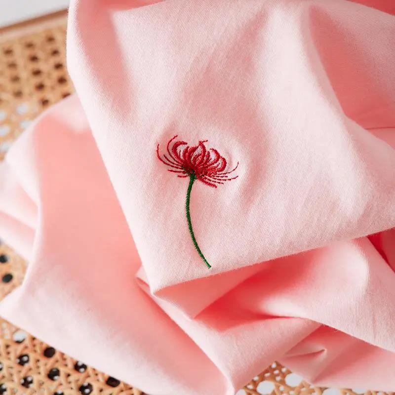 Solid Color Flower Pattern Embroidery Women T Shirt Cotton Tee Lady Girl Top Hipster T-Shirts