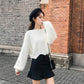 White Short Fashion Coat Autumn and Winter Loose Lantern Sleeve  Thick Sweater