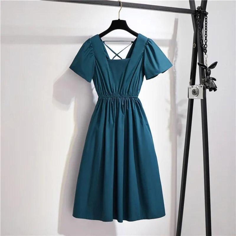 Dress Women's Spring Summer Plus Size Casual Solid Color Dress Square Collar Short Sleeve Open Back Cotton All-match