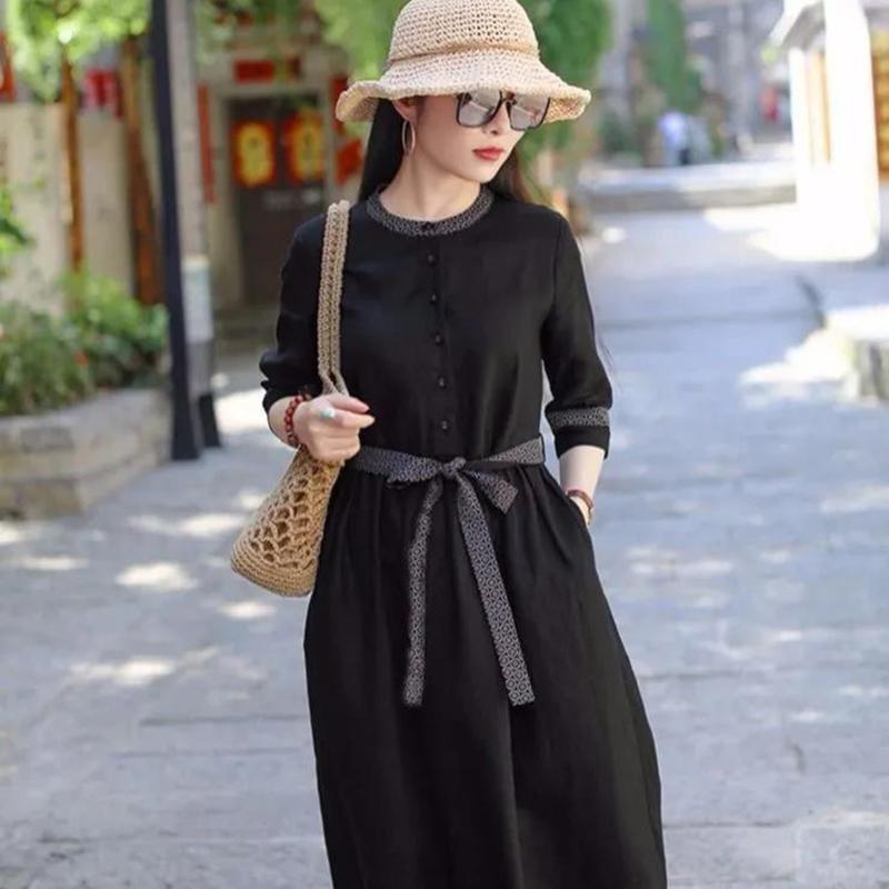 M-XXXXL Plus Size Ethnic Style Dress Linen Print Retro Cheongsam Round Neck Button Closure Dress with Belt