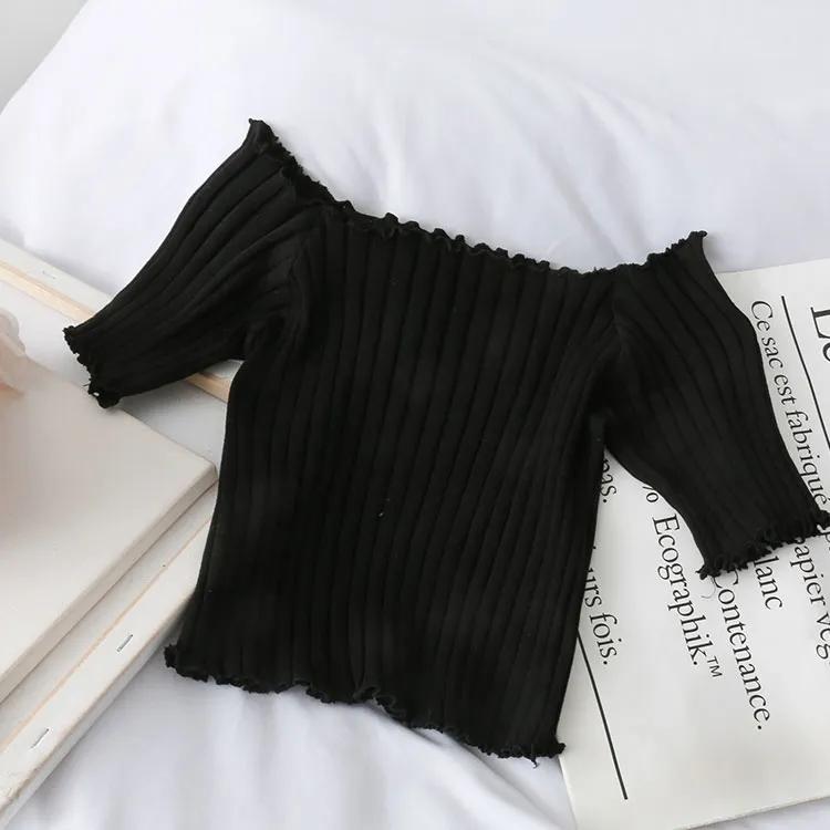 French Niche Short One-shoulder Knitted Bottoming Shirt Women's Summer Large Size Vertical Striped Fungus Short-sleeved Top