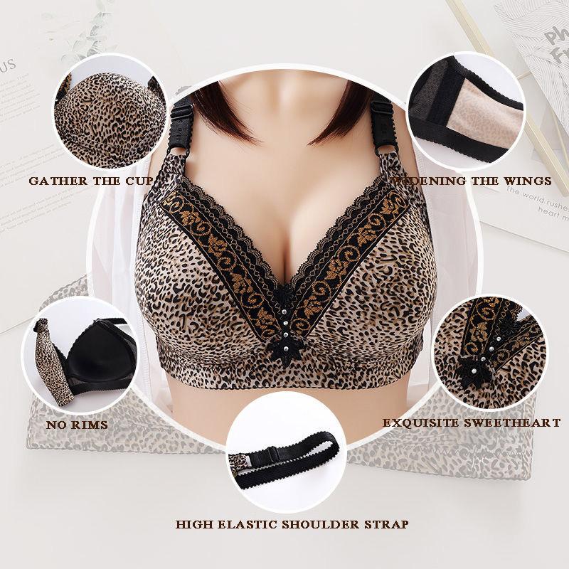 Leopard Print Large Size Thin Non-magnetic Bra Breast-receiving Anti-sagging No Steel Ring Gathering Underwear Ladies Bra