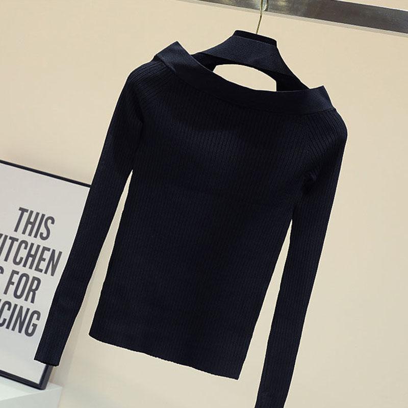 Autumn Slim V-neck Pullover Sweater Feminine Halter Neck Off-shoulder Knit Sweater Top Stretch Knitwear jumper