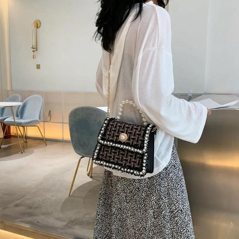 Bags Ladies Trendy Korean Fashion Pearl Portable Wild Chain One Shoulder Messenger Small Square Bag