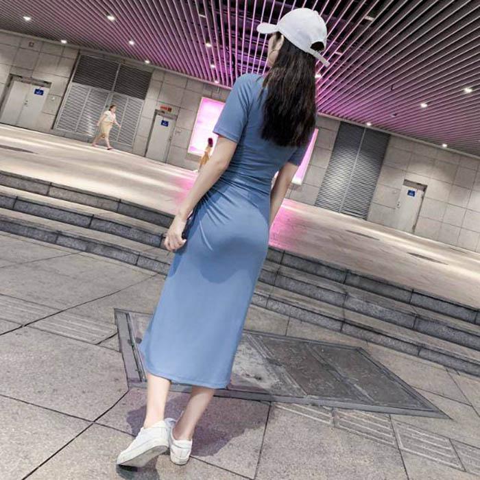 Pofulove S-XL Women Short-sleeved Split Drawstring A-line Dress Sexy Long Knit V-neck T-shirt Dress