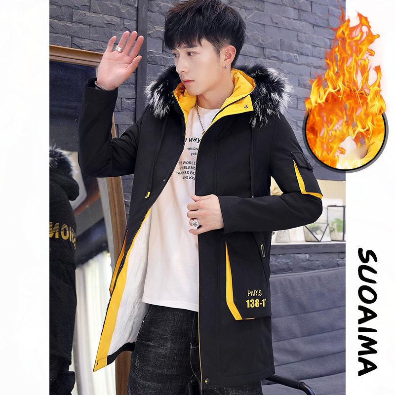 Autumn and Winter Men's Trendy Jacket Mid-length Plus Velvet Thickened Student Windbreaker