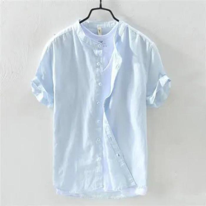 Linen Shirt Men's Short-sleeved Stand-up Collar Summer Thin Loose Cotton and Linen White Shirt Men's Small Fresh Casual Shirt Men