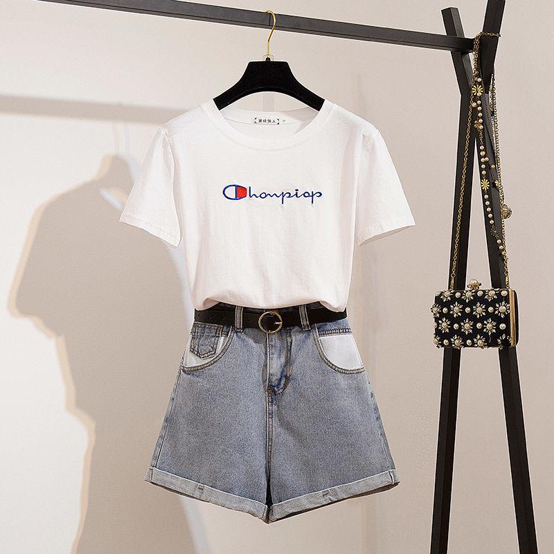 Pofulove Women Shorts Set Summer Embroidered Shirt Short Sleeve T-shirt High WaistRipped Denim Shorts 2 Piece Set for Teen Girl