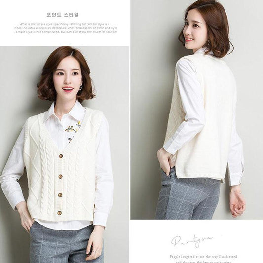 Spring and Autumn Short Wild Vest V-neck Sleeveless Knitted Sweater Fashion Casual Women's Top