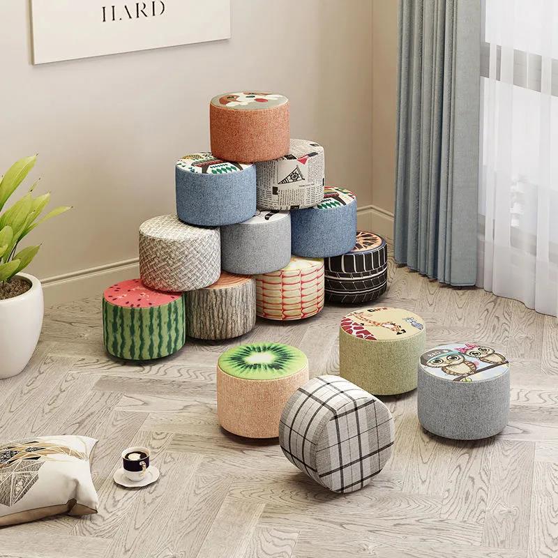 Fruit Print Sofa Stool Small Stool Solid Wood Chair Children Stool Shoe Change Seat Round Wooden Bench