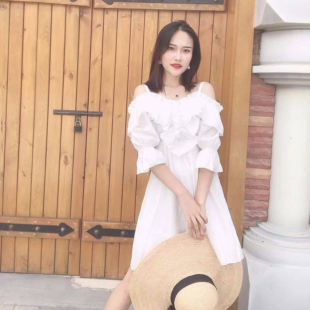 Fashion Summer Sexy Slash Neck Off-shoulder Slim Strap Dress Flared Sleeves Ruffled Chiffon Dress