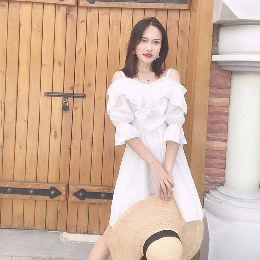 Fashion Summer Sexy Slash Neck Off-shoulder Slim Strap Dress Flared Sleeves Ruffled Chiffon Dress