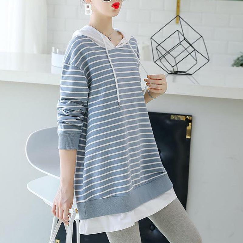 Spring and Autumn Maternity Suit Wild Striped Long Sleeve Top Loose Fashion Mid-length Sweater