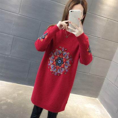 Ethnic Thick Pullover Sweater Women Korean Loose Embroidered Knitted Bottoming sweater All-match Knitweat Autumn and Winter