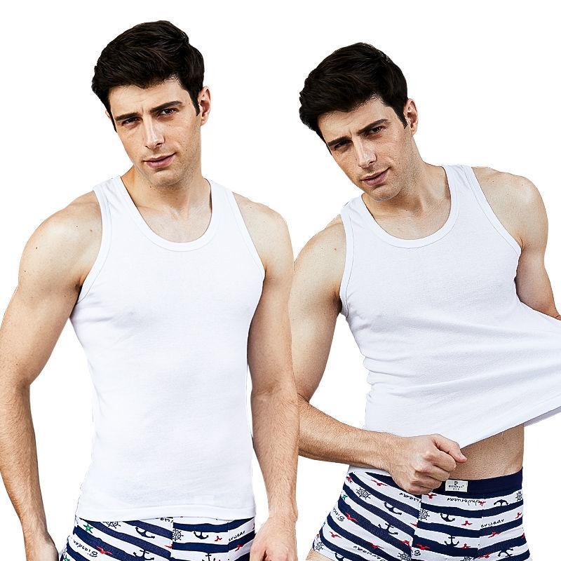 100% Cotton Men's Vest Fitness Stretch Bottoming Shirt Summer Vest Round Neck Sleeveless Vest (2 Pieces)