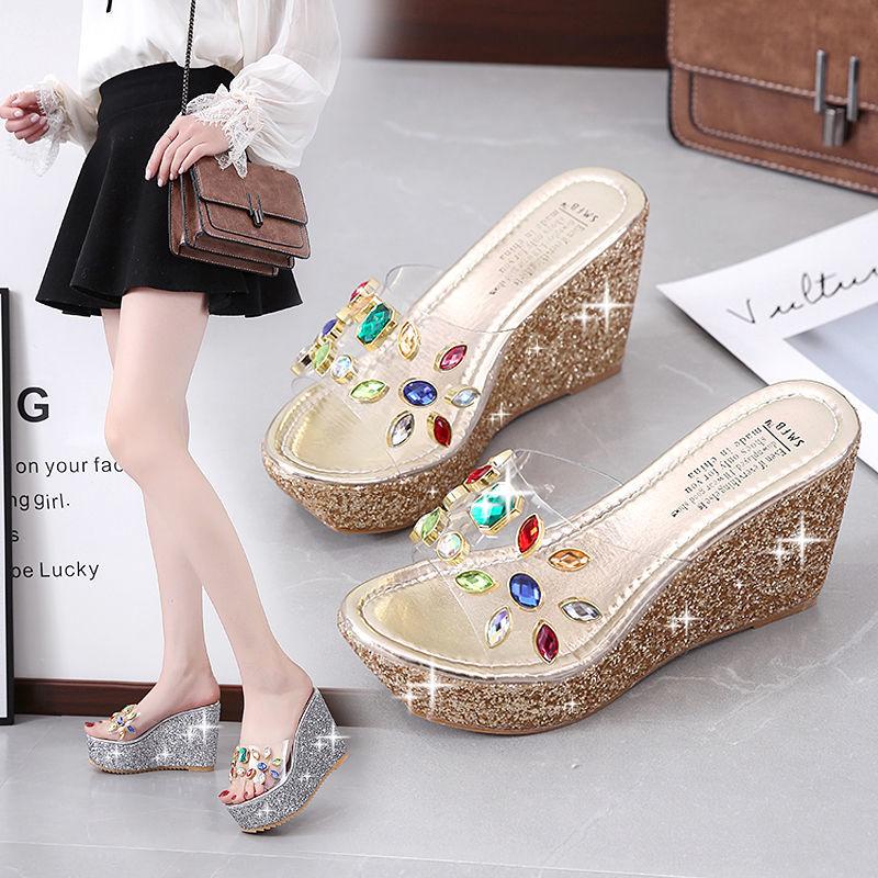 Slippers Women's Wedge Heel High-heeled Sandals  Slippers Women's Summer Super High-heeled Rhinestone Sequins Transparent Platform Slippers