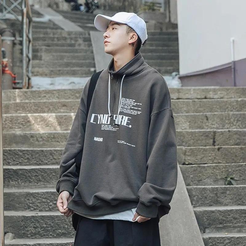 Sweater Men's Trend Spring and Autumn Half Zipper Drawstring Stand Collar Printing Casual Ins All-match Loose Jacket
