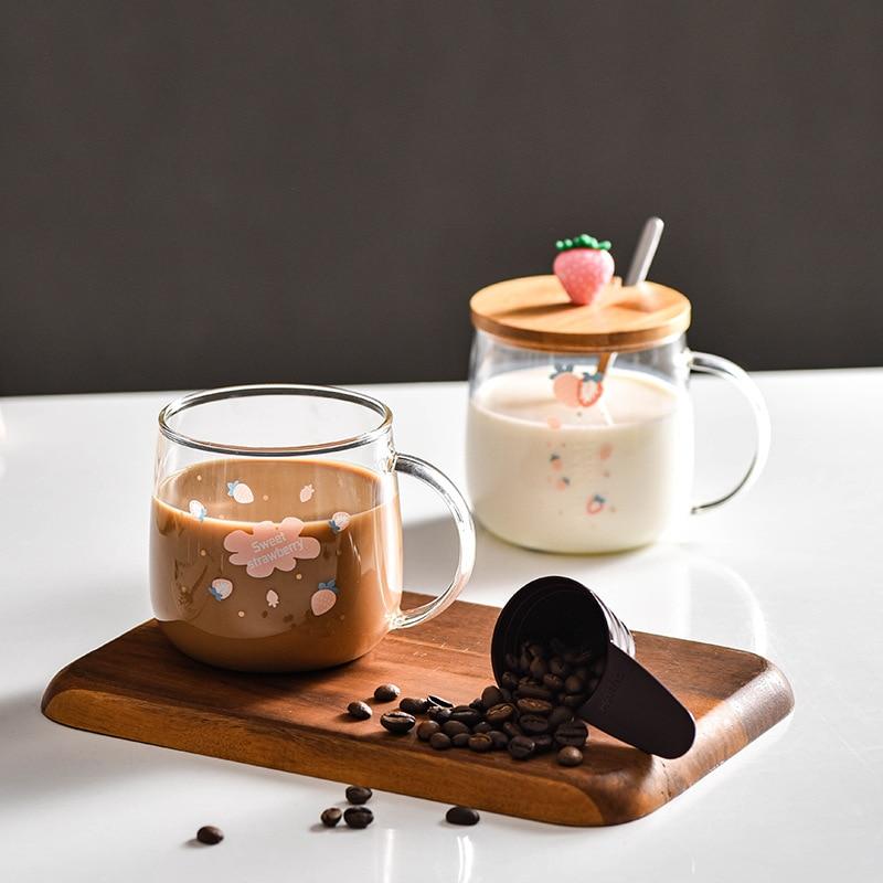 Novelty 3d Lid Cartoon Strawberry Cute Water Glass Transparent Mug Drinking Borosilicate Glasses Coffee Milk Juice Drinkware Cup