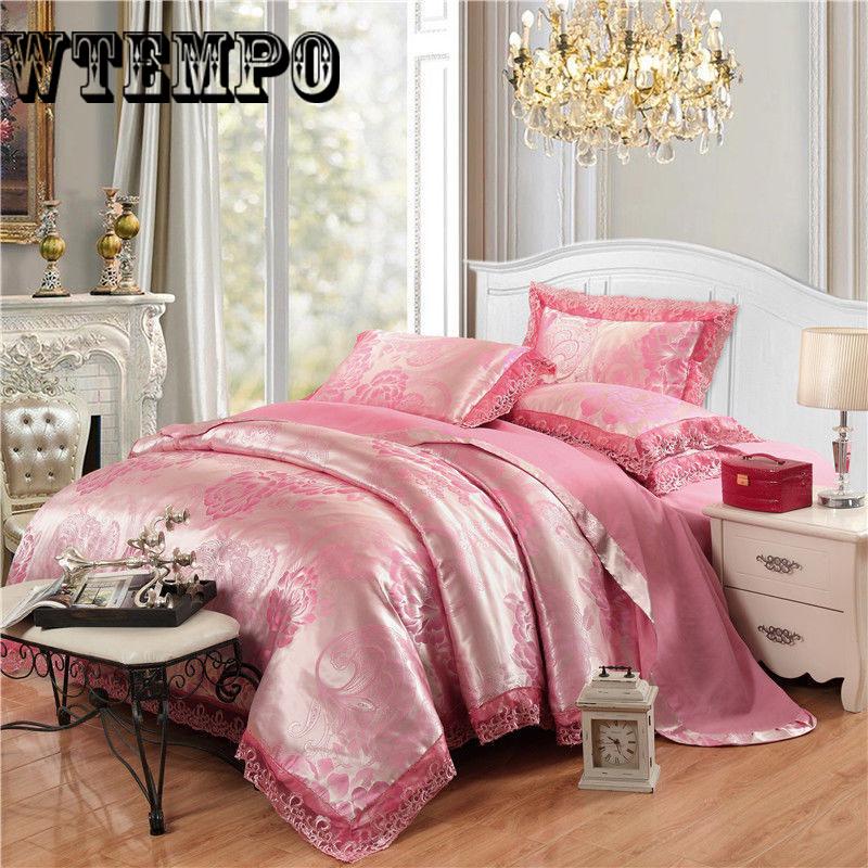 Wholesale Satin Jacquard Wedding Bedding Sets Red Bedclothes Bed Linen Duvet Cover Pillowcase
