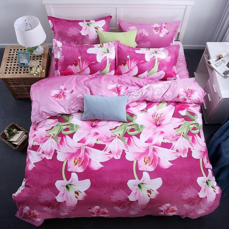 WTEMPO 4Pcs 3D Lily Printed Bedding Set Quilt Cover Bed Sheet Pillowcases Queen Size Bedroom Decor