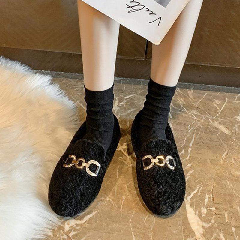 Women Winter Warm Faux Fur Flat Shoes Casual Fuzzy Loafers Ladies Slip on Plush Shoes Large Size 35-43