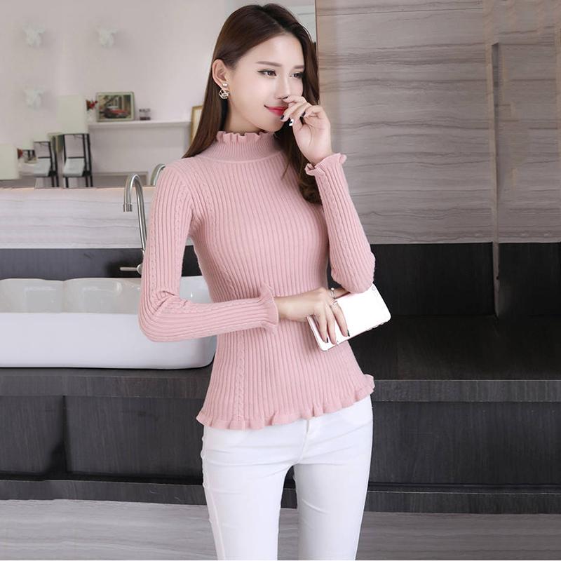 Knitted Sweaters Women 2019 Autumn Winter Long Sleeve Casual Turtleneck Pullover Female Pink Jumper