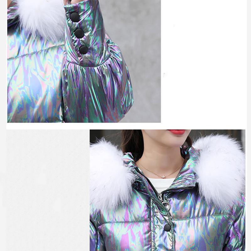 Women's Bright Face Hooded Down Jacket Mid-length Korean Loose Thick Coat Warm Cotton Coat Large Wool Collar Winter Quilted Coat
