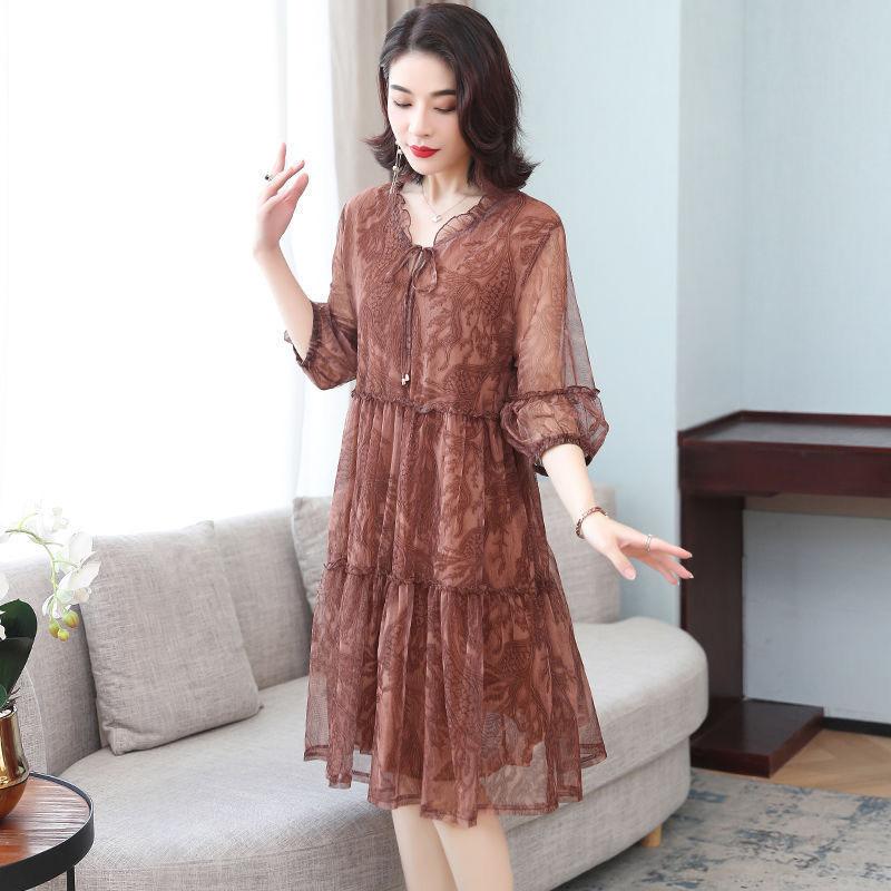 Dress Female Summer Five-point Sleeves Loose Mesh A-line Skirt Light Mature Style Foreign Style Large Size Skirt Summer