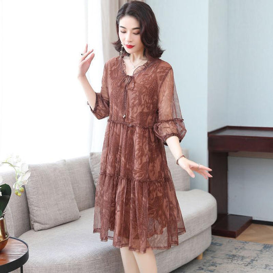 Dress Female Summer Five-point Sleeves Loose Mesh A-line Skirt Light Mature Style Foreign Style Large Size Skirt Summer