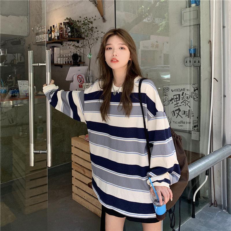 Striped T-Shirt Casual Autumn Ladies Loose Tee Female Women Long Sleeve Pullover