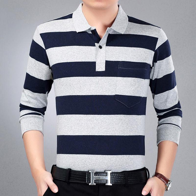 Autumn Long-sleeved POLO Shirt Lapel Pocket T-shirt Business Plus Size Striped Bottoming Shirt Suitable for Business Men, Middle-aged and Elderly Men