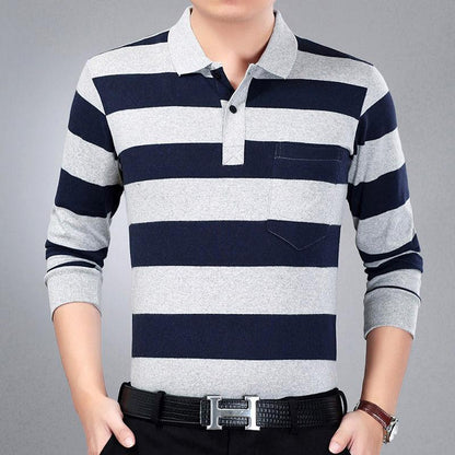 Autumn Long-sleeved POLO Shirt Lapel Pocket T-shirt Business Plus Size Striped Bottoming Shirt Suitable for Business Men, Middle-aged and Elderly Men