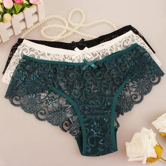 3PCS Ladies Mid Waist Sexy Panties Premium Lace Lace Women Briefs Plus Size Lingerie Shorts Transparent Underwear Women Hollow Out Panties