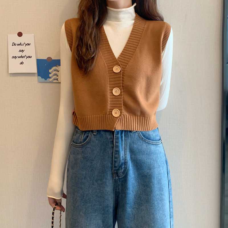 Sweater Knit Vest Women Solid Loose V-Neck Cardigan Short Sweater Elegant Sleeveless Single Breasted Lovely Female Basic Tops