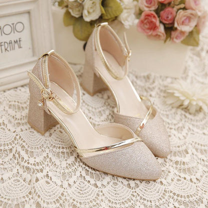Spring  Summer Sandals Female Students Korean Version  Wild Thick Heels One-word Buckle  High Heels Mid-heel  Single Shoes