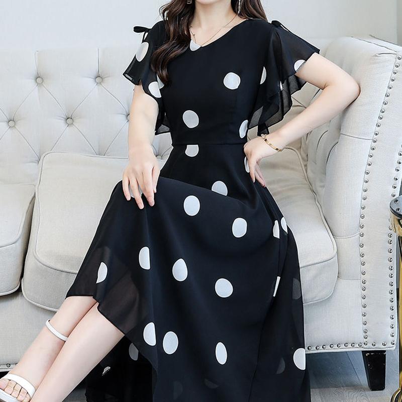Women's Short Batwing Sleeve Ruffle Polka Dot Chiffon Dress  V-Neck Calf Length Daily Dating Party Office Wear