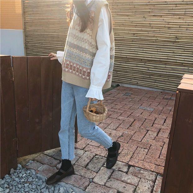 Autumn Loose Knitwear Women Students All-match V-neck Hit Color Top Sleeveless Outer Sweater Fashion Casual Vest Jacket