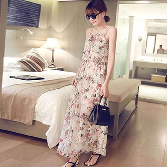S-2XL Women Chiffon Floral Camisole Dress Elasticated Slim Bohemian A-line Beach Long Skirt