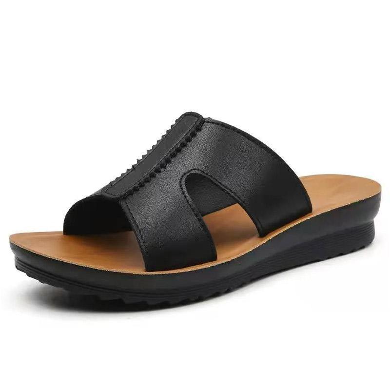 Summer Leather One-word Slippers Ladies Wear Korean Style Non-slip Thick-soled Sandals