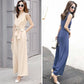 One-piece Wide-leg Pants Women's Summer Leisure V-neck Slim-fitting Jumpsuit Suit Chiffon Fabric Light and Breathable Waist Slimming One-piece Suit
