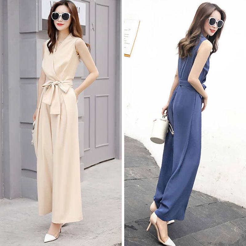 One-piece Wide-leg Pants Women's Summer Leisure V-neck Slim-fitting Jumpsuit Suit Chiffon Fabric Light and Breathable Waist Slimming One-piece Suit