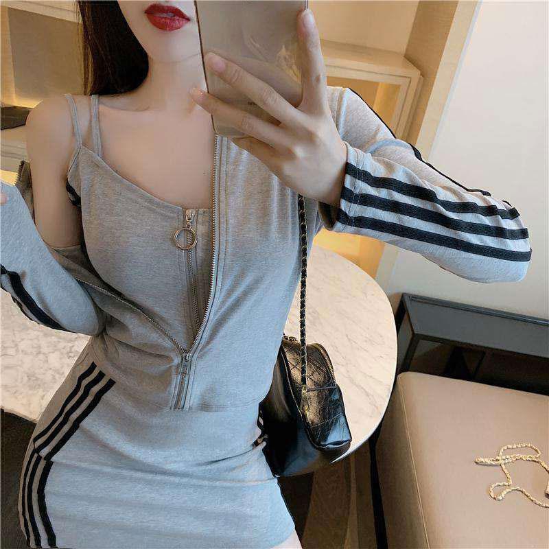 2PCS Women's Autumn Striped Sports Suit Ladies Sexy Waist Hip Skirt + Thin Long Sleeve Jacket Two-piece Skirt Suit Girls Leisure Travel Suit