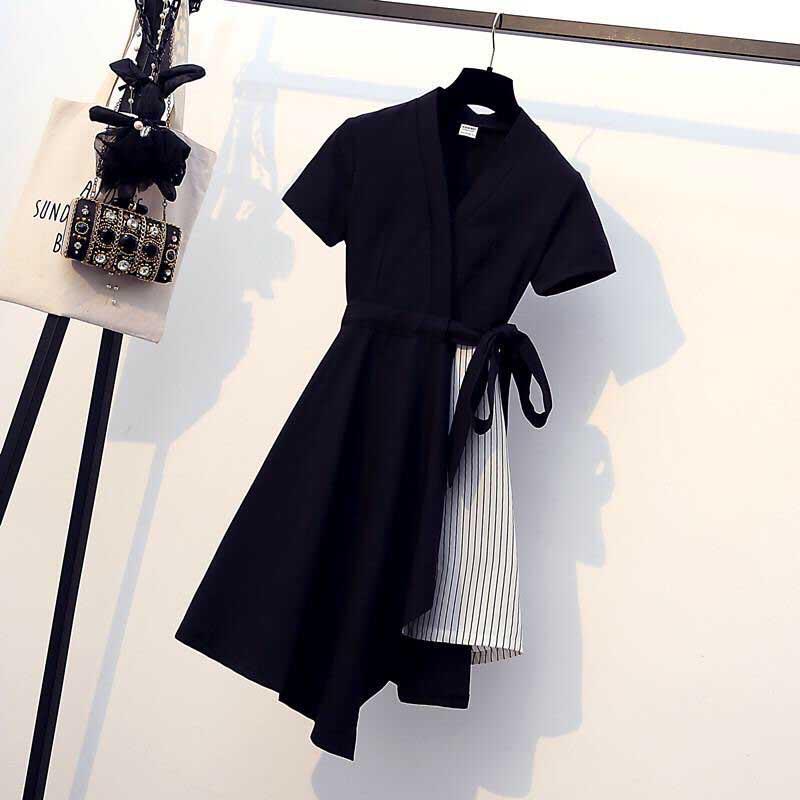 Pofulove M-4XL Summer Women High Quality Cotton Black V-neck Thin Stripe Dress Office Ladies Dress
