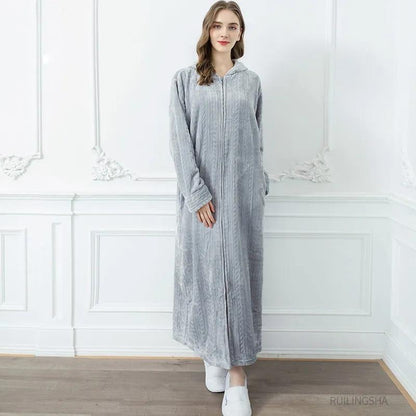 Zipper Hooded Nightdress Women's Winter Long Lazy Pajamas Large Size Loose One-piece Pregnant Thickening Nightgown Couple Bathrobe